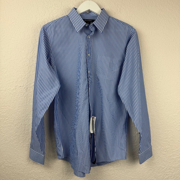 Brooks Brothers Fleece Non-Iron 100% Cotton Blue White Stripe Dress Shirt 20 - Picture 2 of 11